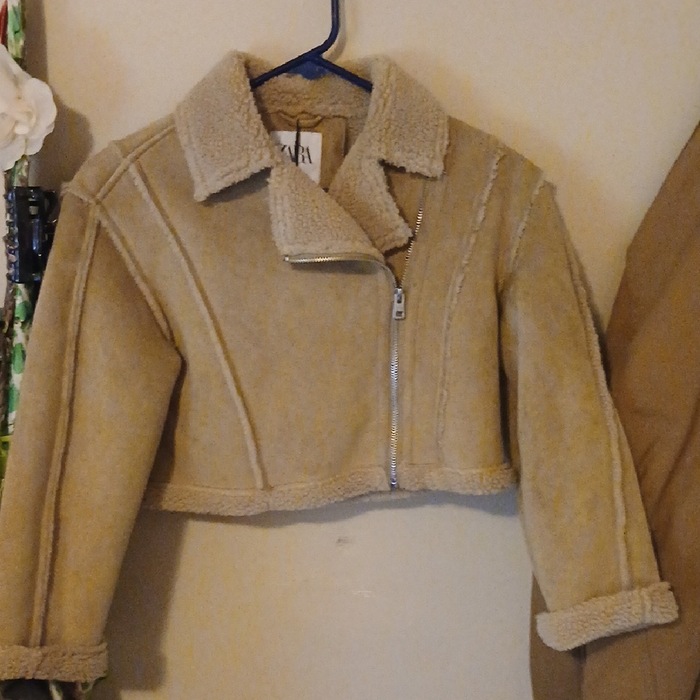 Zara Tan Cropped Moto Jacket with Asymmetrical Zipper